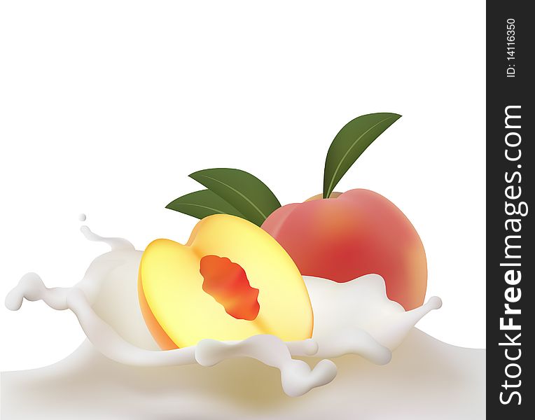 Peach falling into splash of milk