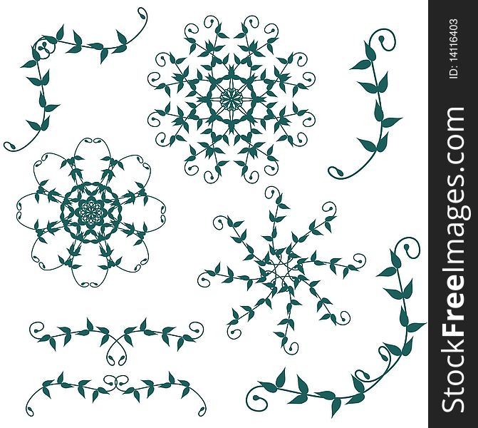 Set with leaf ornaments on white background