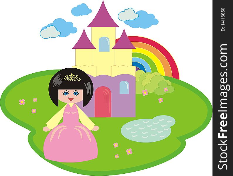 The little princess and the fantastic castle - cartoon vector isolated illustration