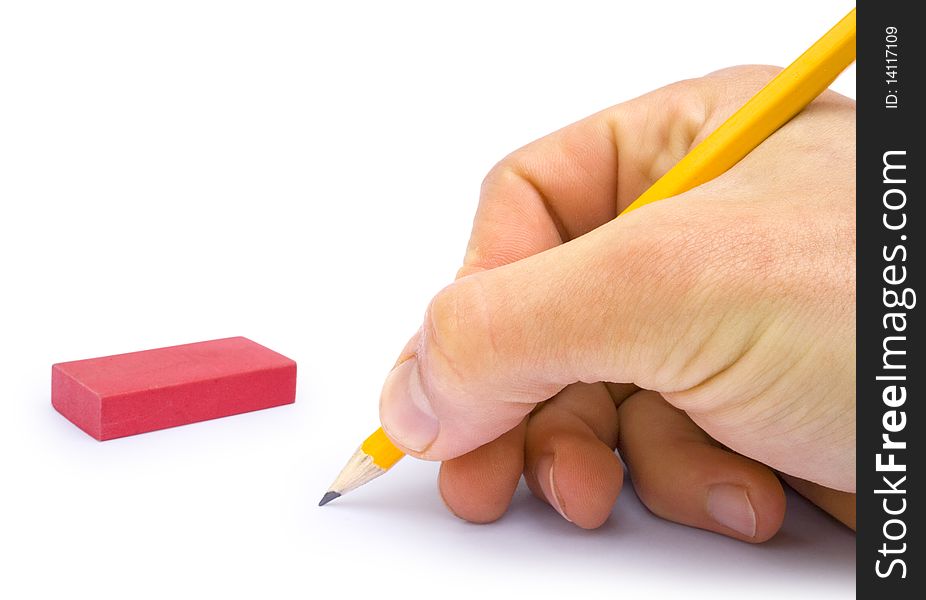 One man's hand with the pencil isolated on white background