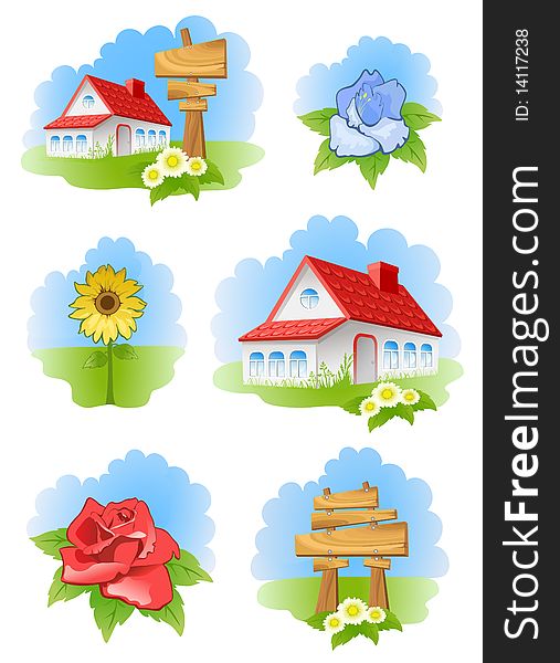 Summer set of houses, flowers and signs