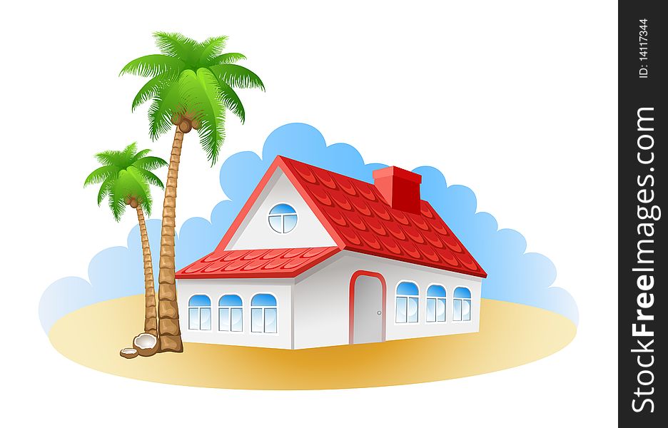 Cottage on a beach and palms. Vector image