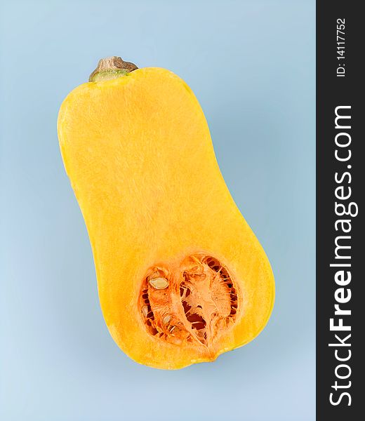 Butternut pumpkin isolated against a blue background