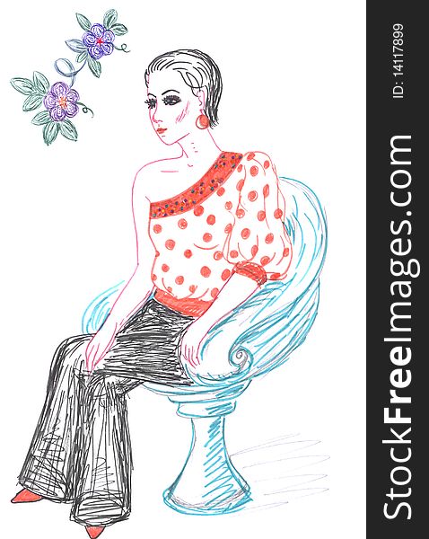 Sitting fashionable woman in blouse, sketch, colored drawing. Sitting fashionable woman in blouse, sketch, colored drawing
