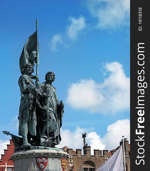 Statue of Jan Breydel and Pieter de Coninck in Bruges Market Square, Belgium. Statue of Jan Breydel and Pieter de Coninck in Bruges Market Square, Belgium.