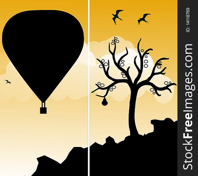 Rising hot air ballon silhouetted in composition with the silhouette of a tree. Rising hot air ballon silhouetted in composition with the silhouette of a tree.