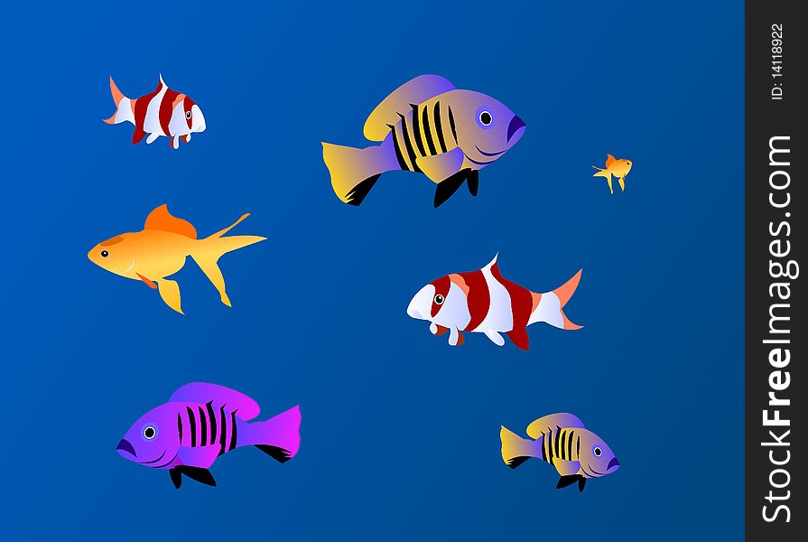 Illustrated fishes under water with many colors. Illustrated fishes under water with many colors