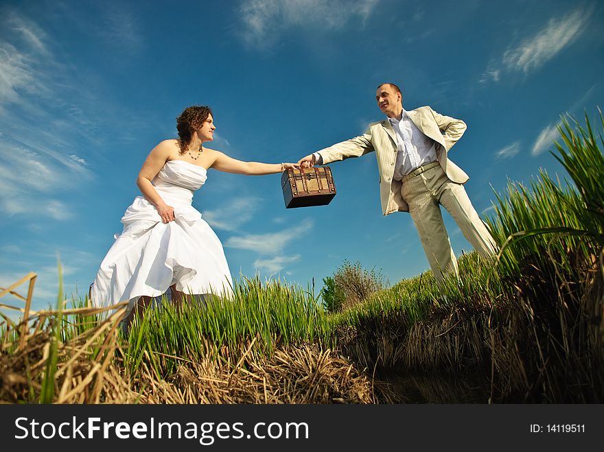 Wedding couple with treasure box at spring meadow brook