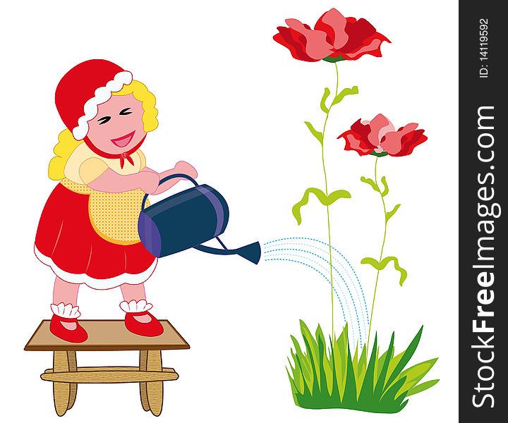 Farmer girl watering flowers