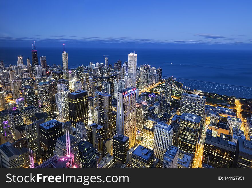 Aerial view of Chicago skyline by night, USA