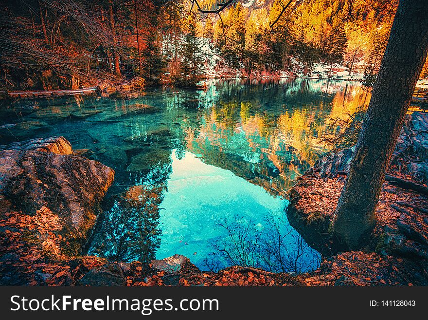 The beautiful Lake Blausee in Switzerland.