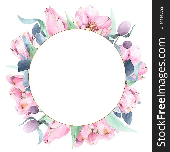 Watercolor round sprig floral wreath with tulips, foliage and eucalyptus