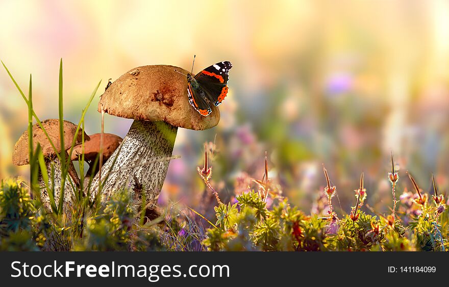 Wild cepe mushrooms, flowers and grass closeup, horizontal macro photo. Wild cepe mushrooms, flowers and grass closeup, horizontal macro photo