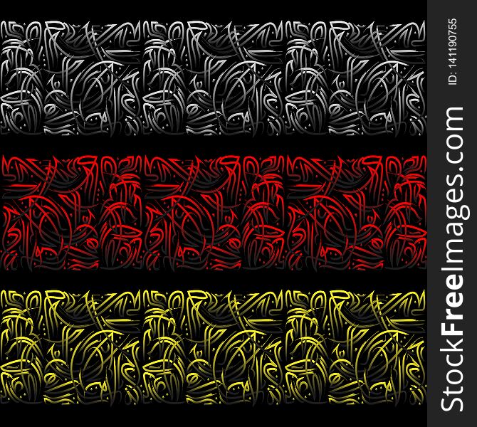 Set of three islamic calligraphy patterns different colors isolated on black background. Set of three islamic calligraphy patterns different colors isolated on black background