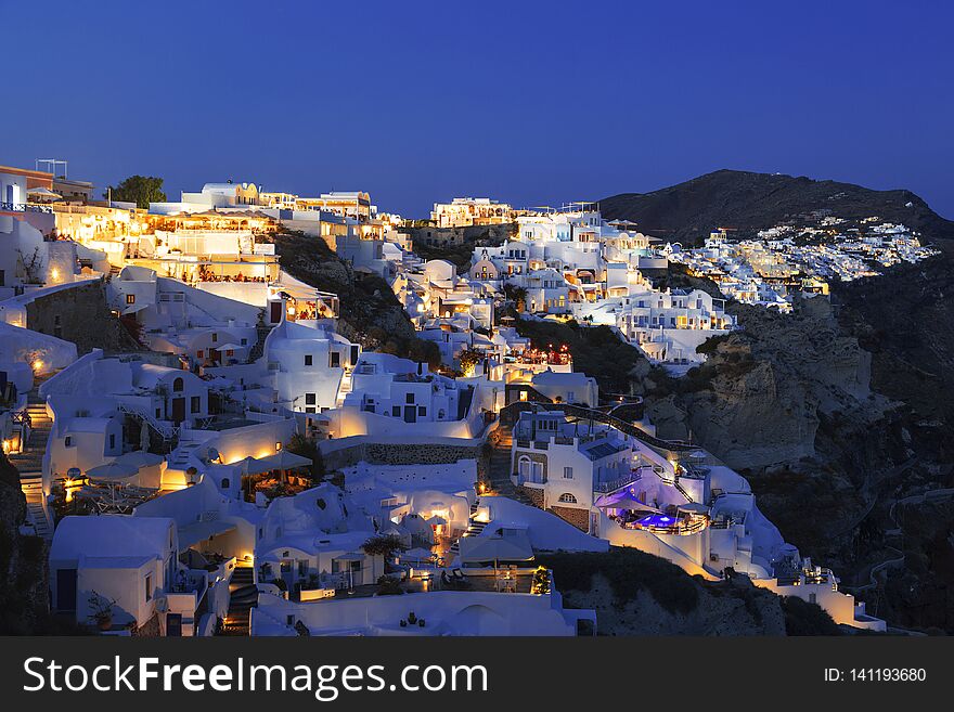View of the city of Oia in the evening. Santorini Island