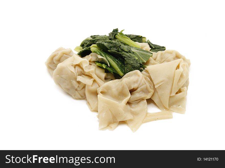 Freshly cooked wonton meat and vegetables ready for serving.