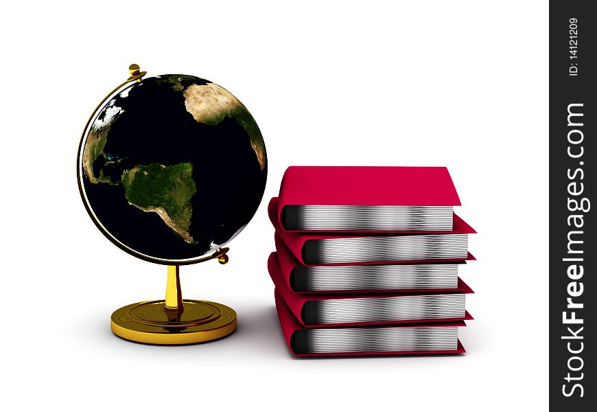 Educational concept. Globe and stack of books isolated on white background. High quality 3d render.