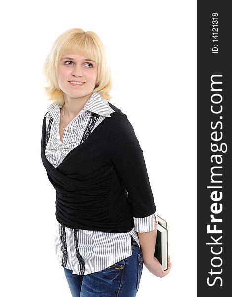 Young girl with book on a white background