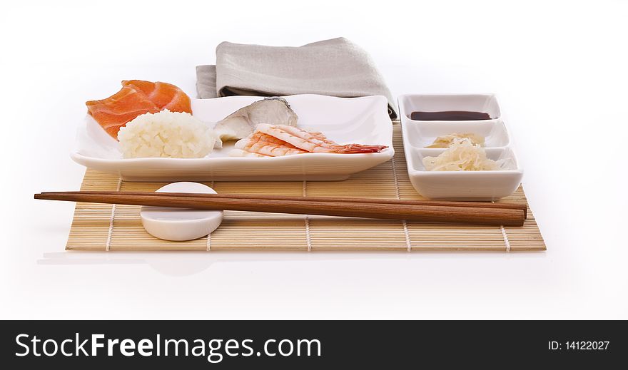 Japanese Sushi with rice and chopsticks