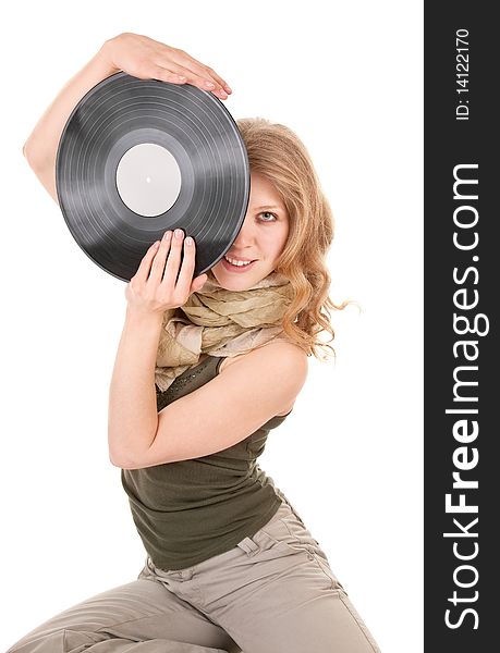 Young girl with a vinyl record on white background. Young girl with a vinyl record on white background