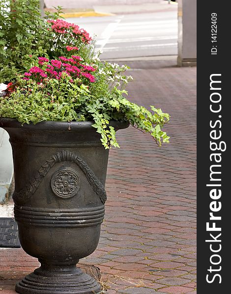 Beautiful flower pot on brick sidewalk in downtown. Beautiful flower pot on brick sidewalk in downtown