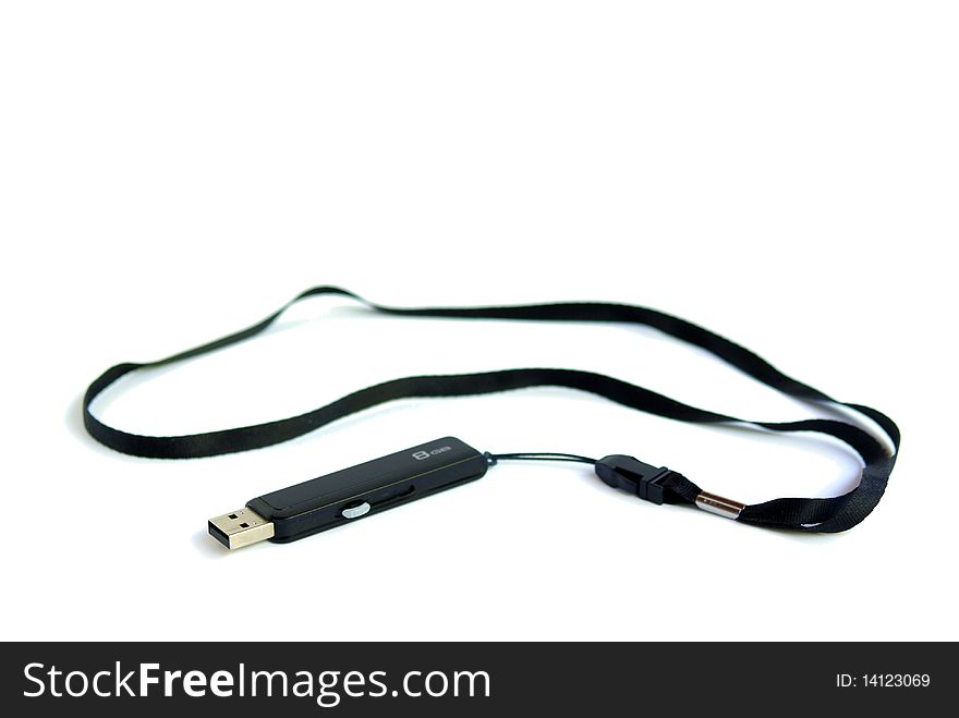 Black usb flash drive with necklace isolated on white background