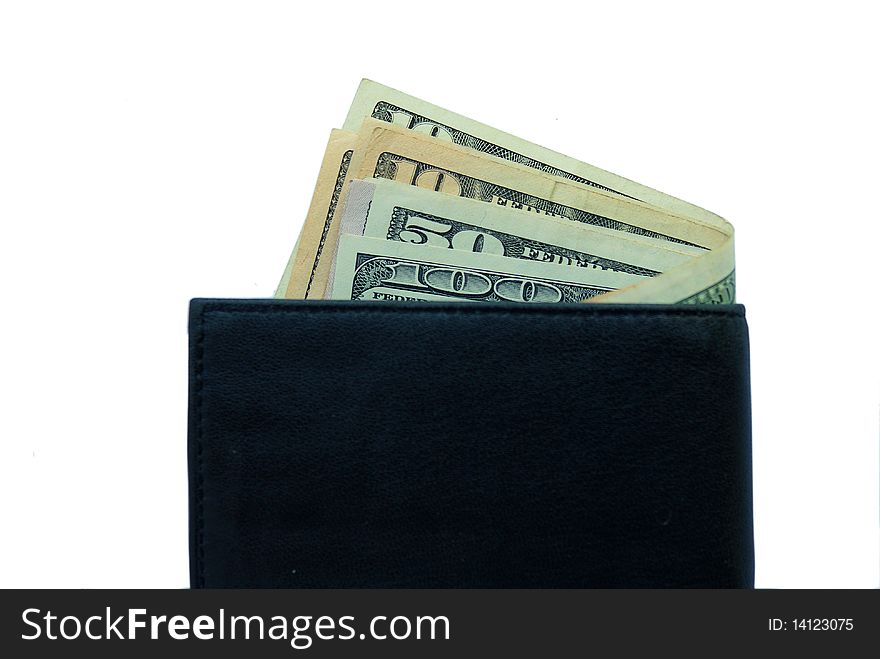 Black leather wallet with dollars inside isolated on white background