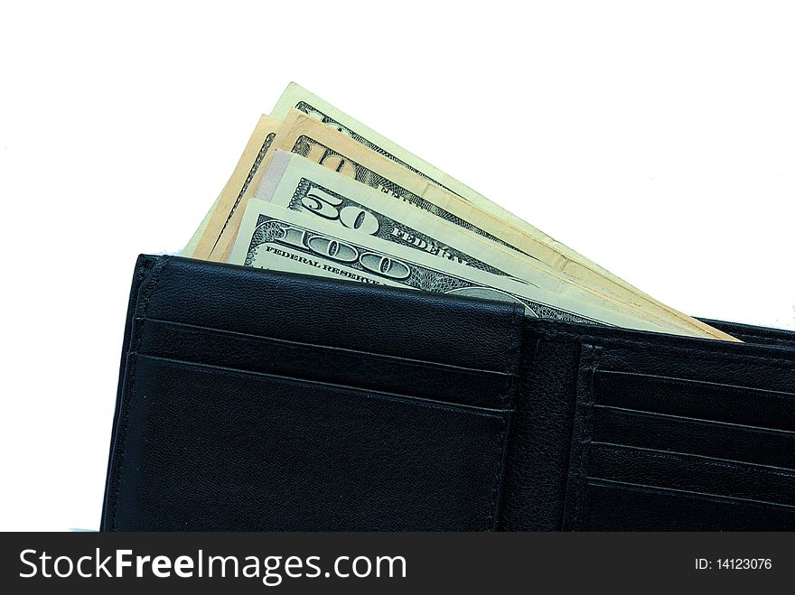 Black leather wallet with dollars inside isolated on white background
