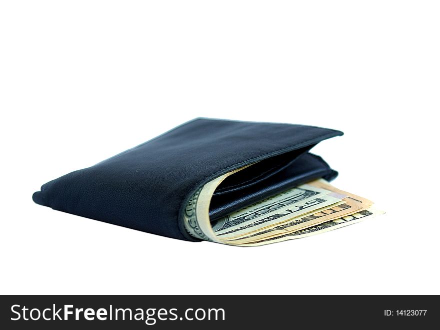 Black leather wallet with dollars inside isolated on white background