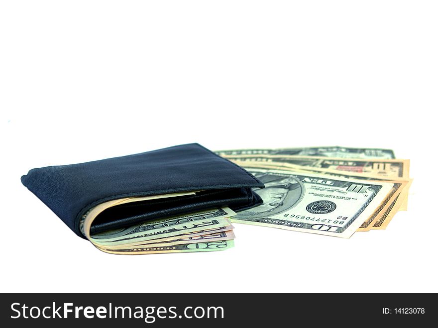 Black leather wallet with dollars inside isolated on white background