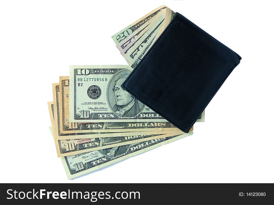 Black leather wallet with dollars inside isolated on white background