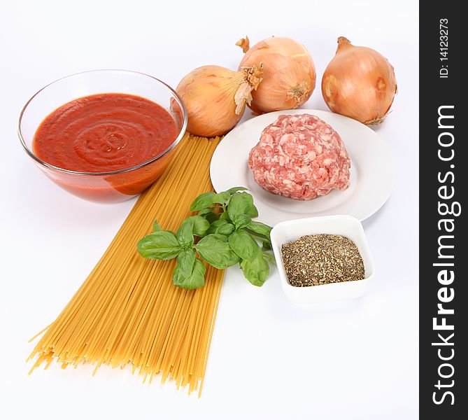 Ingredients for spaghetti bolognese on white background. Ingredients for spaghetti bolognese on white background