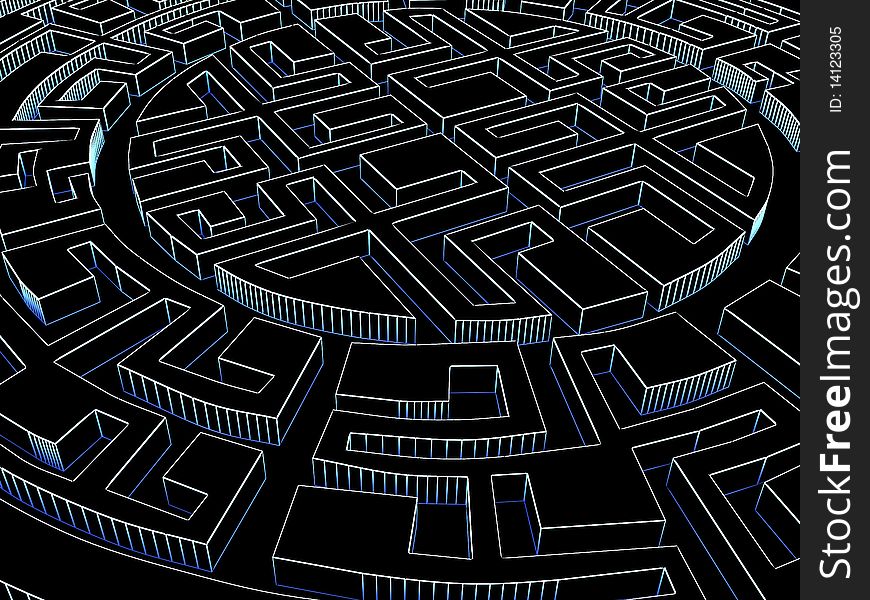 Round labyrinth. Done in luminous lines on a black background