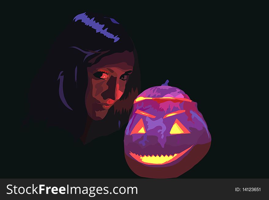 image of womanish person next to luminous a pumpkin. image of womanish person next to luminous a pumpkin
