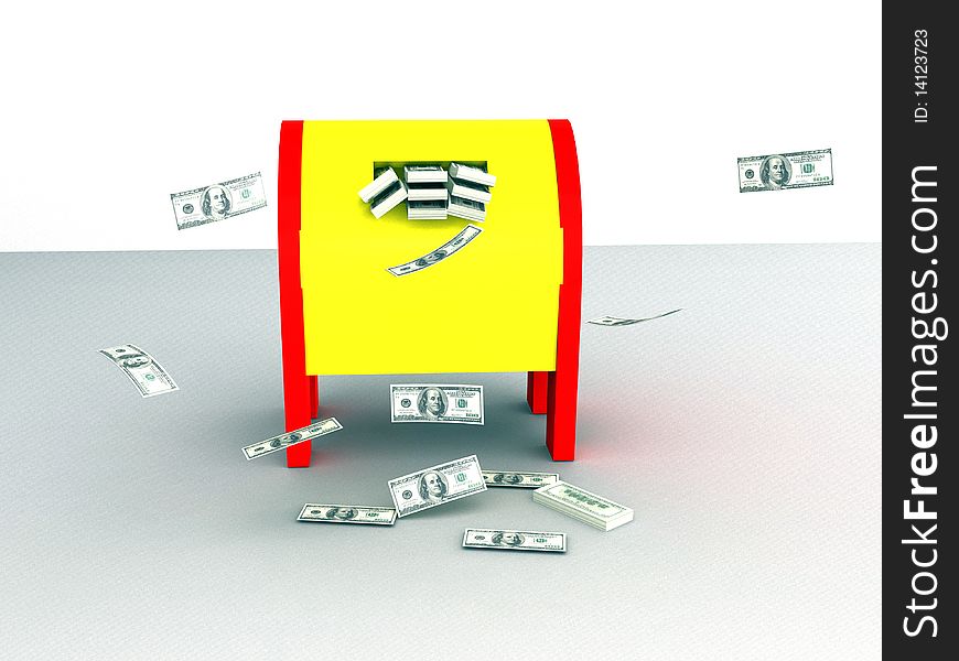 A public mailbox fill with bunches of 100$ bills.3d render. A public mailbox fill with bunches of 100$ bills.3d render