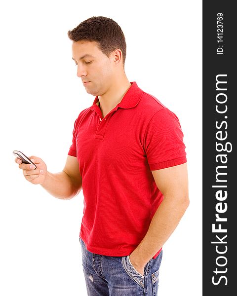 Young casual man using cellphone, isolated on white