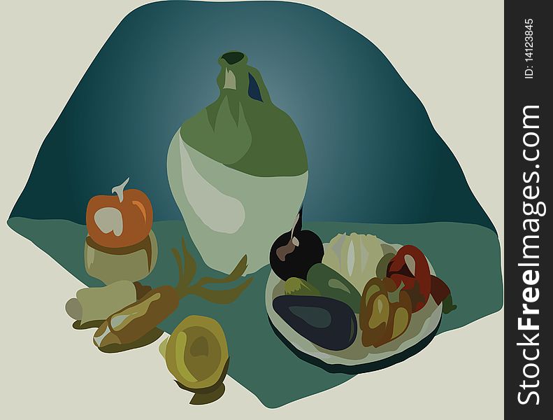 image of still life with green-stuffs and by a jug. image of still life with green-stuffs and by a jug