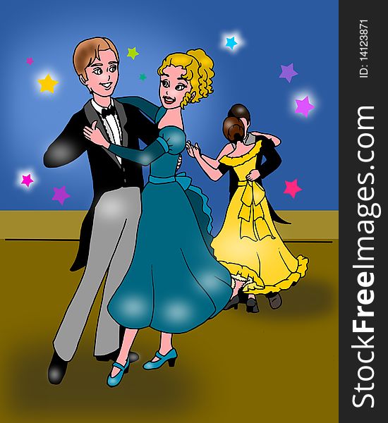 Illustration shows two boys dancing in a ballroom. Illustration shows two boys dancing in a ballroom.