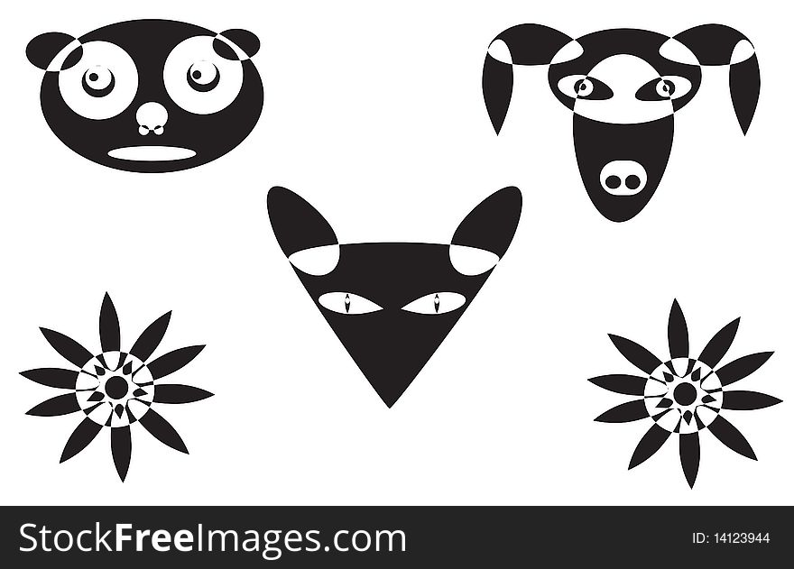 Abstract animal faces and flower made of shapes in black with white background. Abstract animal faces and flower made of shapes in black with white background.