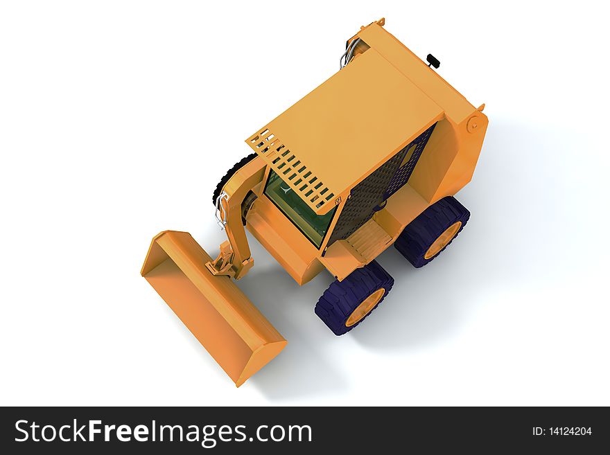 Orange bulldozer on wheels on light background. Top view