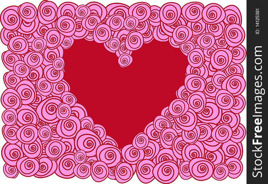 Red heart with pink roses, background. Red heart with pink roses, background