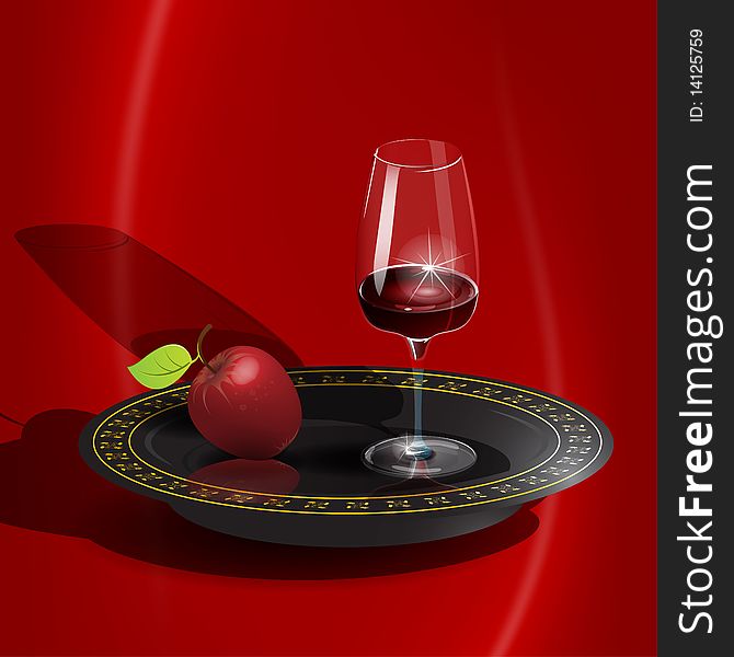 Illustration, goblet with wine and apple on black tray