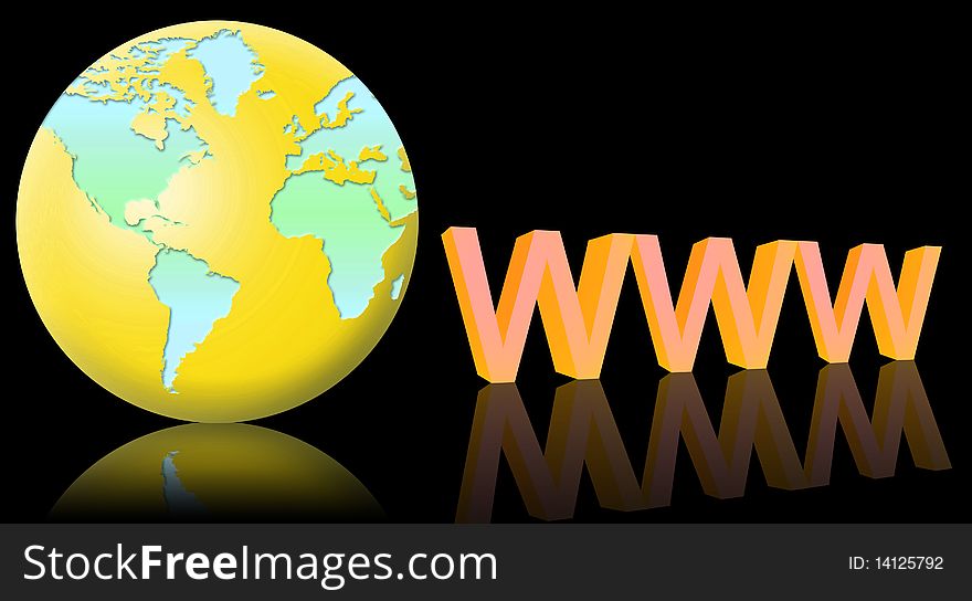 Www and the world globe. black background and reflection. Www and the world globe. black background and reflection
