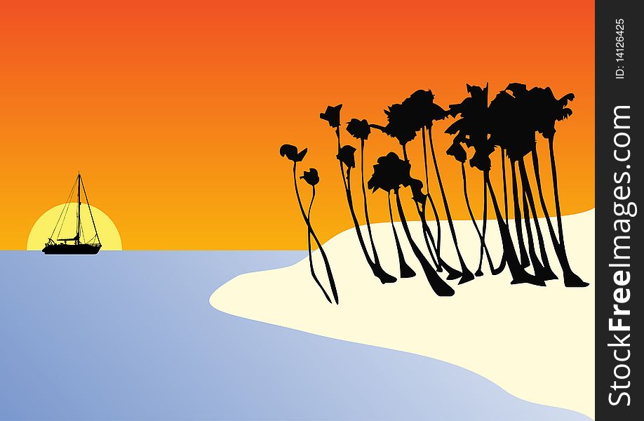 Illustration of a beach at sunset