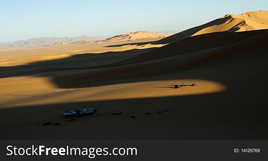 Camping on dune in Sahara desert at sunrise. Camping on dune in Sahara desert at sunrise