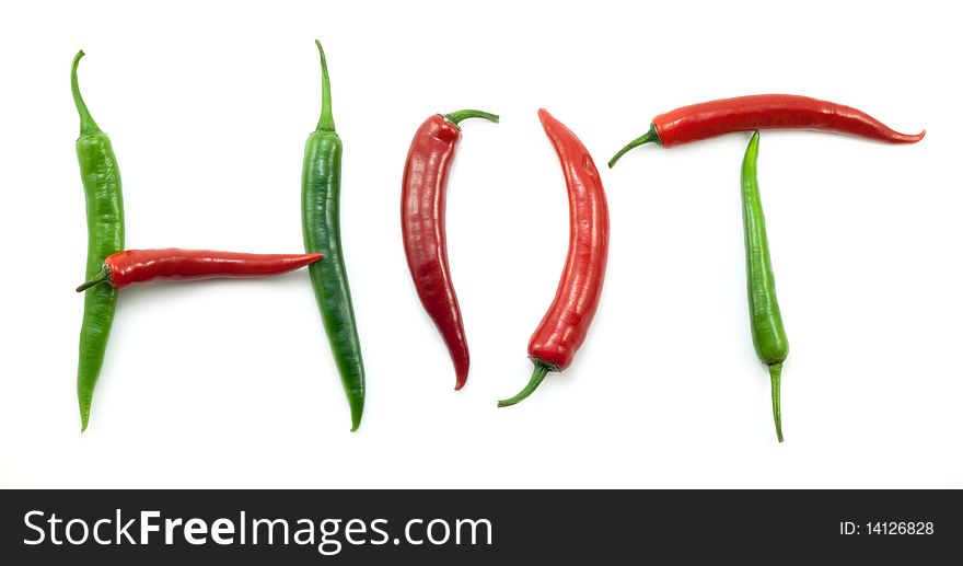 The word HOT with red and green peppers on a white background