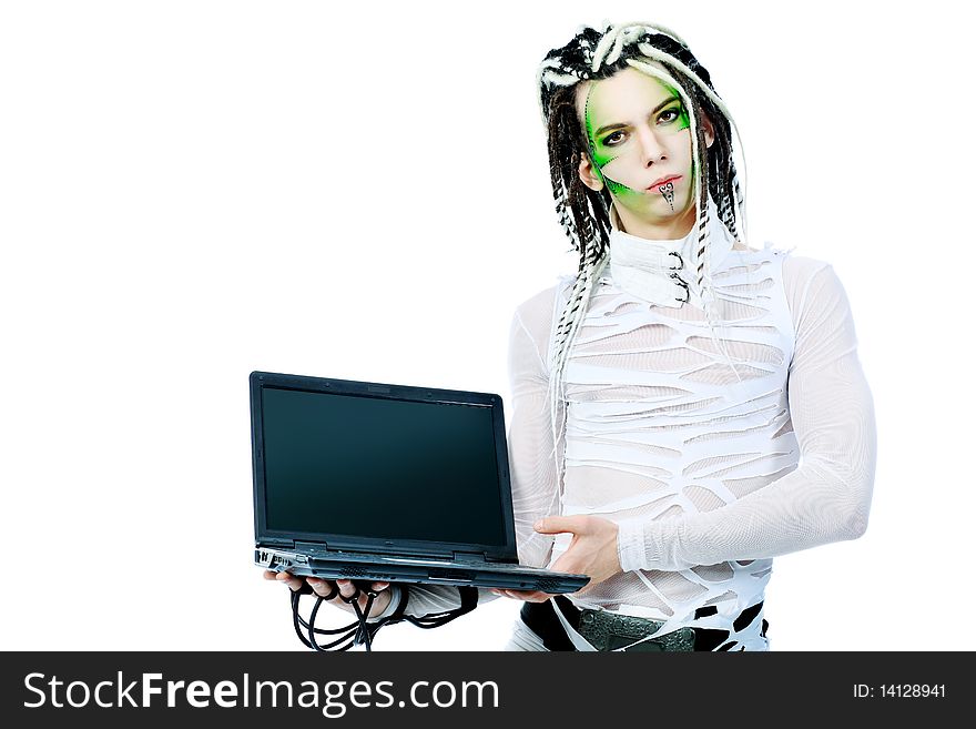 Shot of a futuristic young man with wires holding a laptop. Isolated over white background. Shot of a futuristic young man with wires holding a laptop. Isolated over white background.