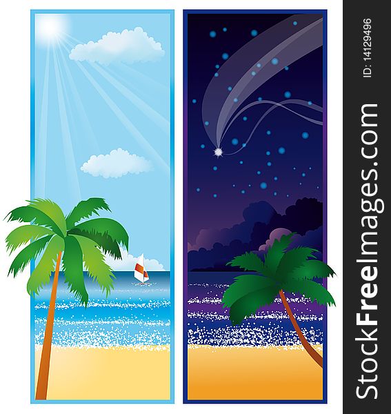 Summer Banners With Sea. Day And Night. .