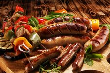 Assorted Delicious Grilled Meat With Vegetable On A Barbecue. Grilled Pork Shish Or Kebab On Skewers With Vegetables . Food Stock Photo