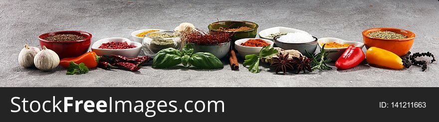 Spices and herbs on table. Food and cuisine ingredients